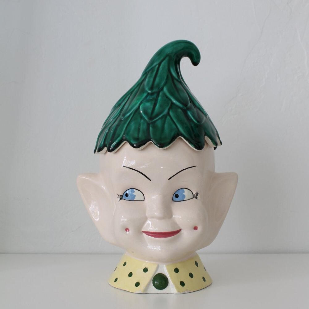Vintage Elf Cookie Jar | Mid-Century Ceramic Pixie Head Jar